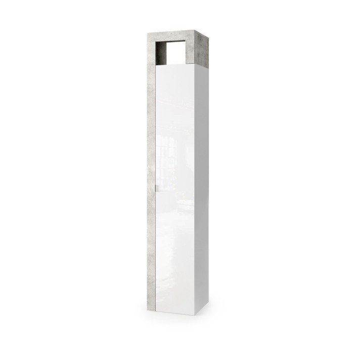 Armoire 1 porte 5 étagères, collection BURA. Coloris blanc brillant laqué et gris aspect béton
