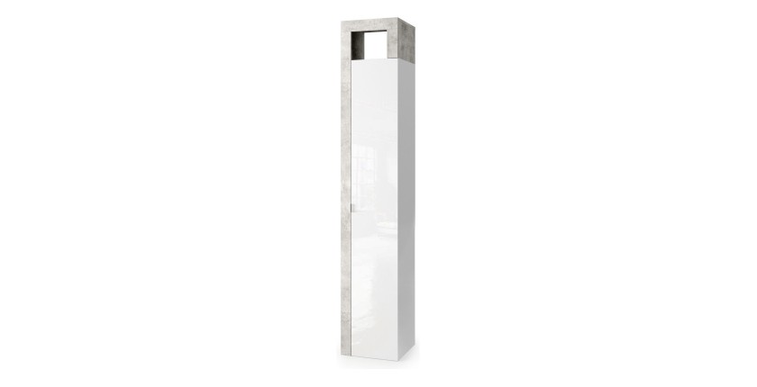 Armoire 1 porte 5 étagères, collection BURA. Coloris blanc brillant laqué et gris aspect béton