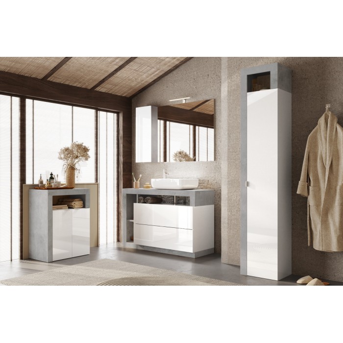 Meuble de salle de bains, 2 portes et 2 étagères, collection BURA, coloris blanc brillant laqué et gris aspect béton
