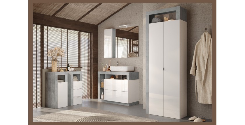 Meuble de salle de bains, 1 porte, collection BURA, coloris blanc brillant laqué et gris aspect béton