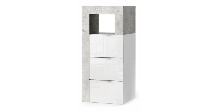 Commode de salle de bains large 35cm, 3 tiroirs, collection BURA. Coloris blanc brillant laqué et gris aspect béton