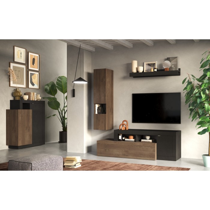 Buffet design 2 portes collection DOMI. Coloris gris anthracite \ chêne foncé
