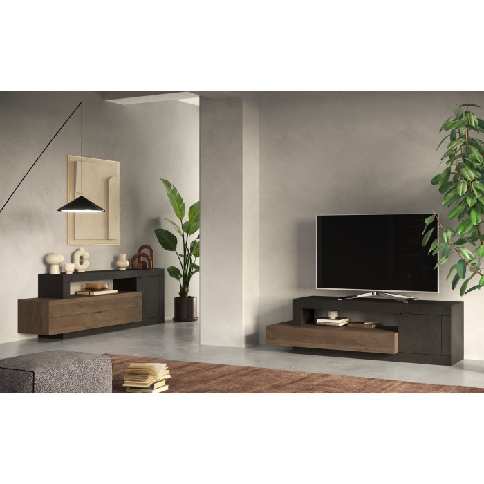 Meuble TV 1 porte 2 tiroirs collection DOMI. Coloris gris anthracite \ chêne foncé, idéal dans un salon design