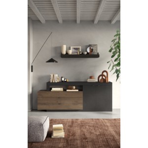 Buffet 2 portes et 3 tiroirs collection DOMI. Coloris gris anthracite \ chêne foncé, idéal dans un salon design