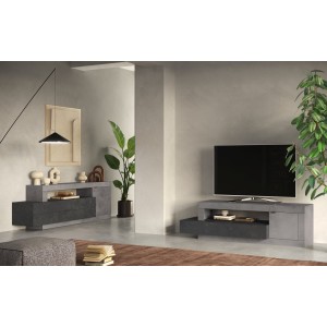 Meuble TV 1 porte \ 2 tiroirs DOMI. Coloris effet béton et gris anthracite