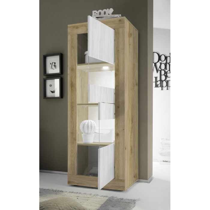 Vitrine design 2 portes collection ACCESS. Coloris blanc et chêne clair