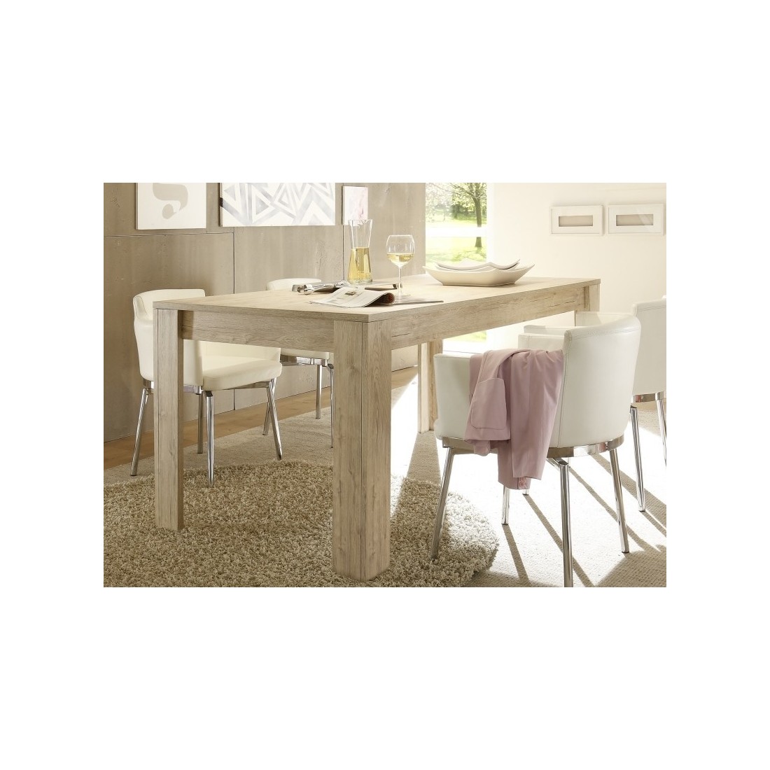 Table 137x90cm avec pieds en bois, Collection SHOW, coloris chêne clair
