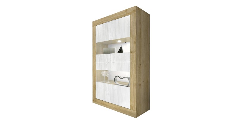 Vitrine design 4 portes collection ACCESS. Coloris blanc et chêne clair