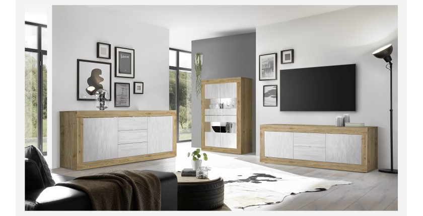 Vitrine design 4 portes collection ACCESS. Coloris blanc et chêne clair