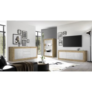 Vitrine design 4 portes collection ACCESS. Coloris blanc et chêne clair