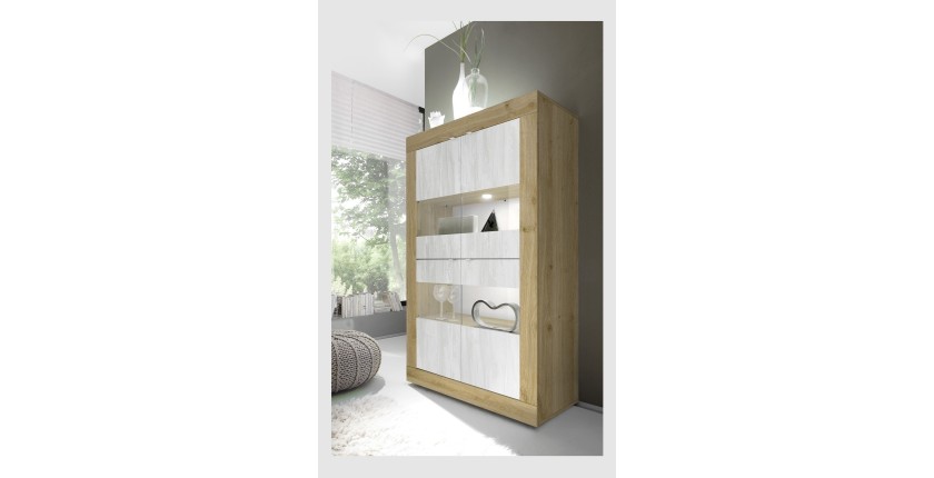 Vitrine design 4 portes collection ACCESS. Coloris blanc et chêne clair