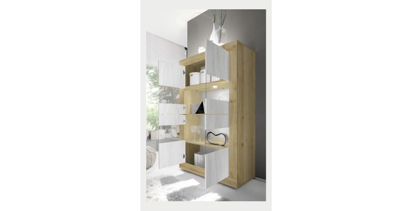 Vitrine design 4 portes collection ACCESS. Coloris blanc et chêne clair