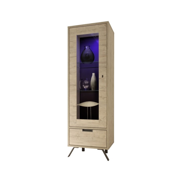 Vitrine 1 porte en verre avec 1 tiroir, collection SHOW, coloris chêne clair