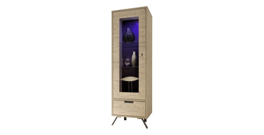 Vitrine 1 porte en verre avec 1 tiroir, collection SHOW, coloris chêne clair