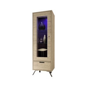 Vitrine 1 porte en verre avec 1 tiroir, collection SHOW, coloris chêne clair