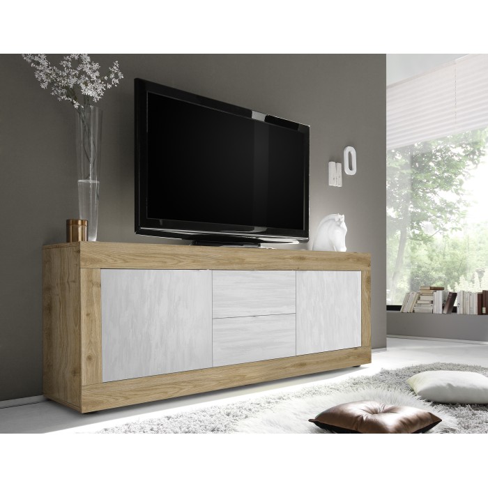 Meuble TV 2 portes \ 2 tiroirs ACCESS. Coloris blanc et chêne clair
