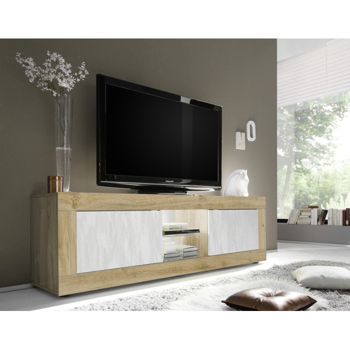 Meuble TV 2 portes sans éclairage ACCESS. Coloris blanc et chêne clair