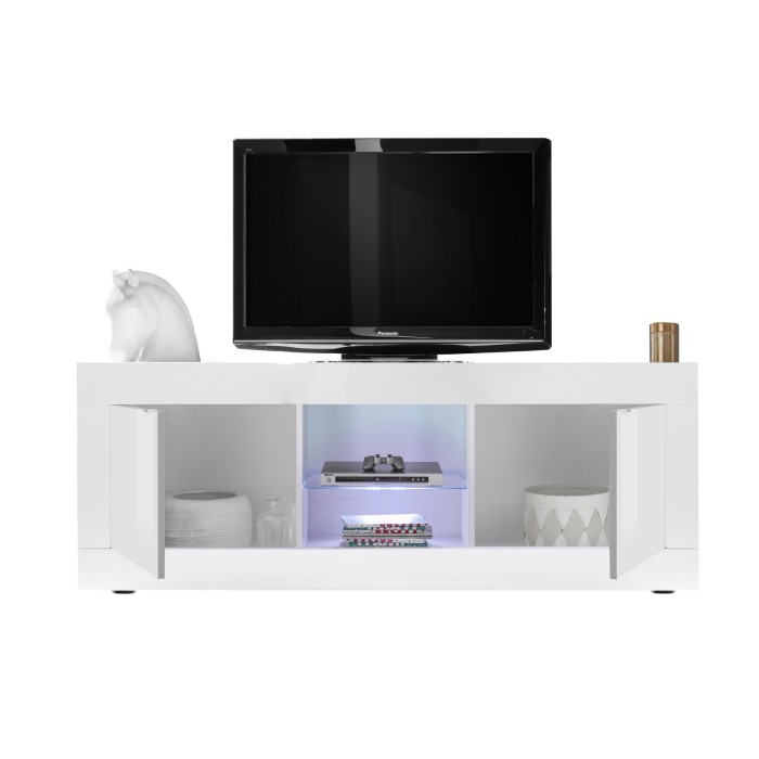 Meuble TV 2 portes, collection CISA, coloris blanc laqué brillant