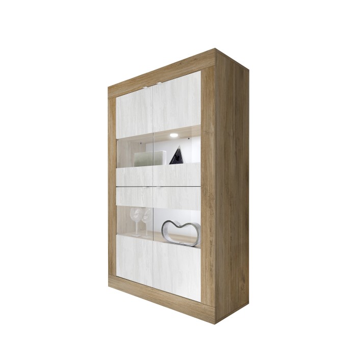 Vitrine design 4 portes collection ACCESS. Coloris blanc et chêne foncé