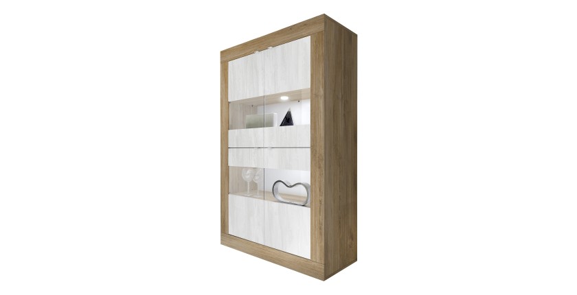 Vitrine design 4 portes collection ACCESS. Coloris blanc et chêne foncé