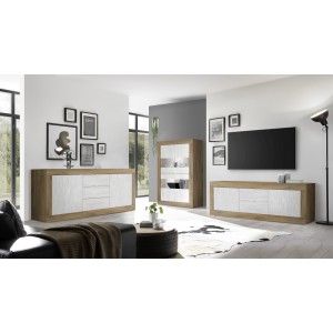 Vitrine design 4 portes collection ACCESS. Coloris blanc et chêne foncé
