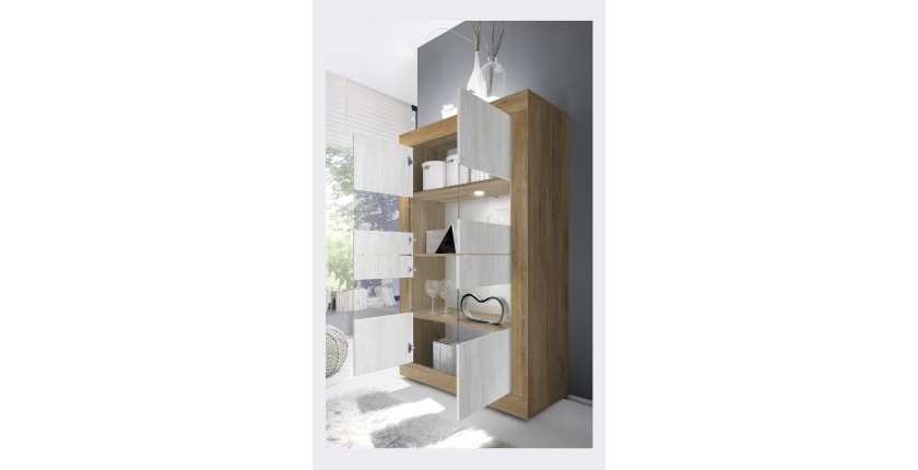 Vitrine design 4 portes collection ACCESS. Coloris blanc et chêne foncé