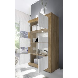 Vitrine design 4 portes collection ACCESS. Coloris blanc et chêne foncé