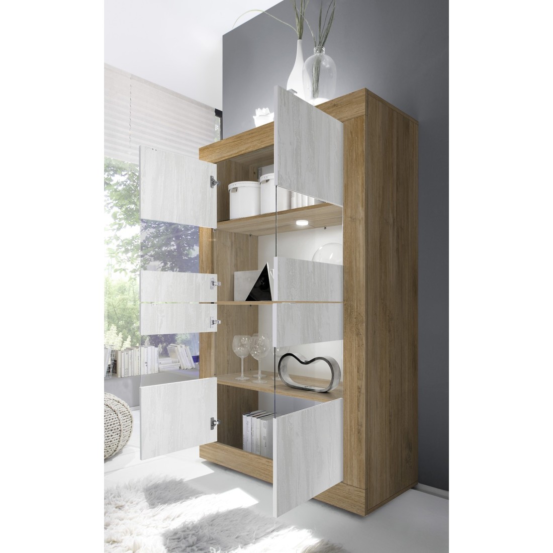 Vitrine design 4 portes collection ACCESS. Coloris blanc et chêne foncé
