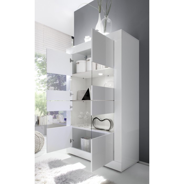 Vitrine 4 portes en verre sans éclairage, collection CISA, coloris blanc laqué brillant