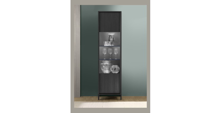 Vitrine 1 porte collection IRON. Coloris chêne noir
