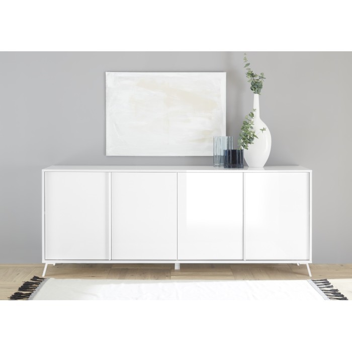 Buffet 4 portes collection SKY. Coloris blanc laqué, idéal dans une cuisine \ salle à manger design