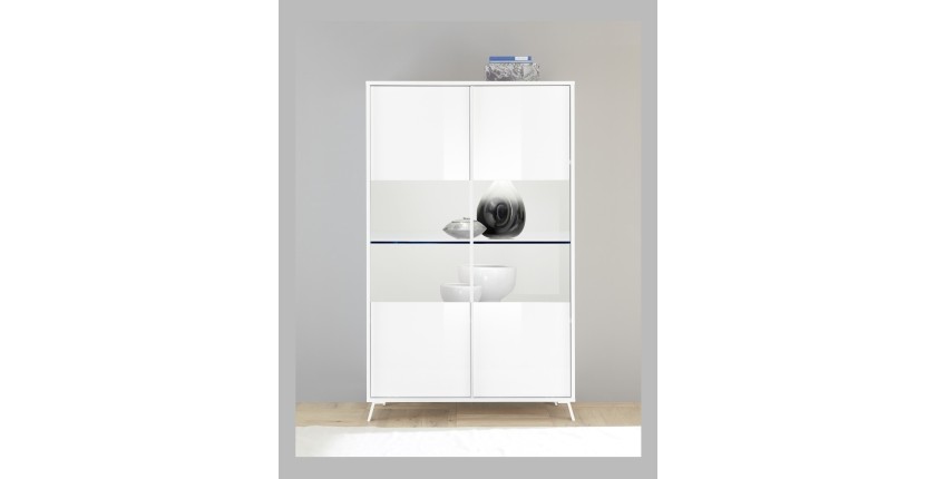 Vitrine 2 portes collection SKY. Coloris blanc laqué brillant
