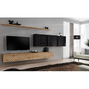 Ensemble de meubles de salon design collection SWITCH VII , coloris chêne finitions fraisées et noir brillant.