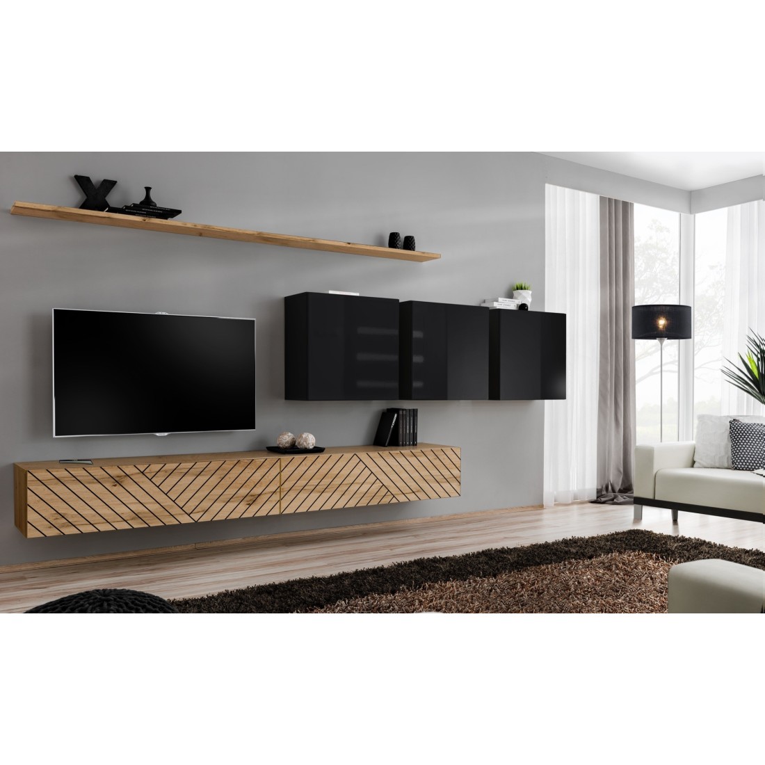Set Di Mobili Da Soggiorno Switch Vii – Quercia Wotan &Amp Nero Lucido – Design Moderno – 340 Cm
