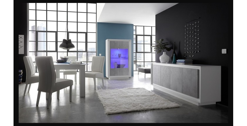 Vitrine 2 portes, collection FALL, coloris blanc mat laqué et gris aspect béton