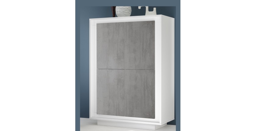 Vaisselier 4 portes, collection FALL, coloris blanc mat laqué et gris aspect béton