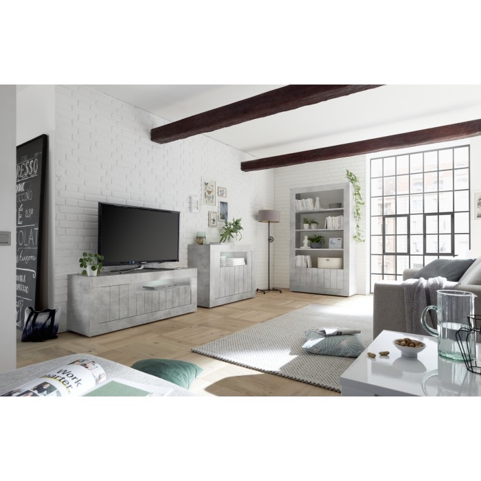 Meuble TV 3 portes battantes en bois, coloris béton, collection URBAN