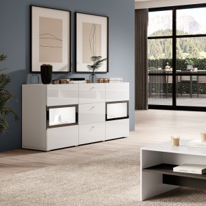 Buffet 2 portes et 3 tiroirs collection RAMOS. Coloris blanc brillant et noir