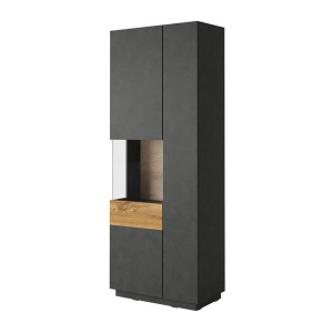 Vitrine, bibliothèque, vaisselier KILES coloris gris anthracite et chêne. Modèle vitrine gauche.