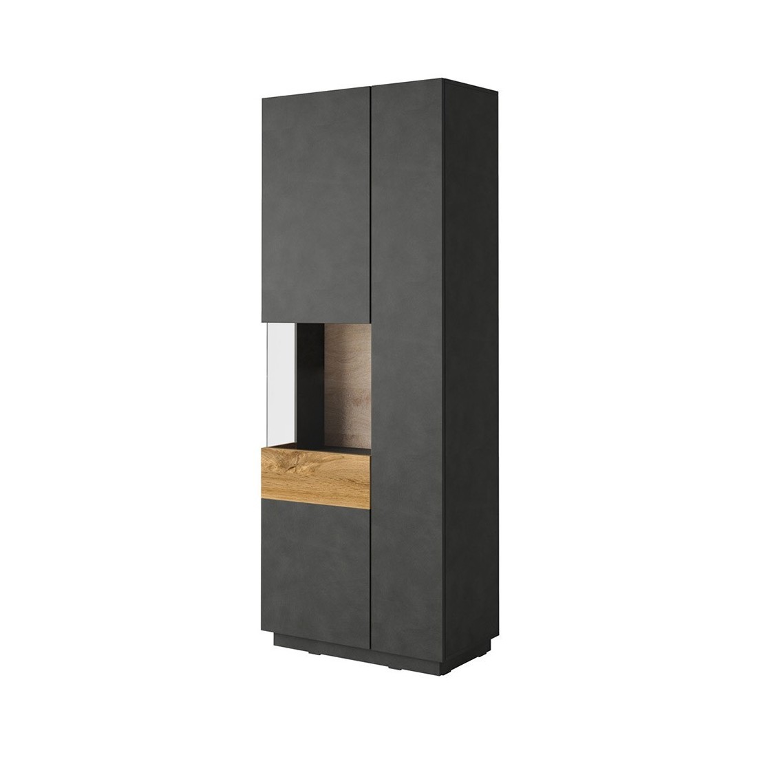 Vitrine, bibliothèque, vaisselier KILES coloris gris anthracite et chêne. Modèle vitrine gauche.