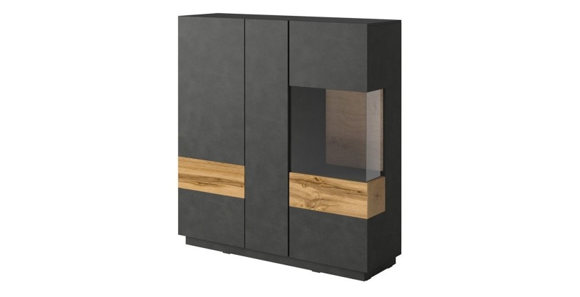 Buffet haut KILES trois portes. Coloris gris anthracite et chêne. Style design