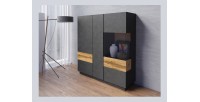 Buffet haut KILES trois portes. Coloris gris anthracite et chêne. Style design