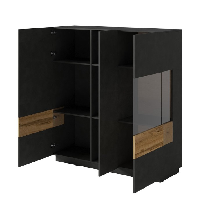 Buffet haut KILES trois portes. Coloris gris anthracite et chêne. Style design