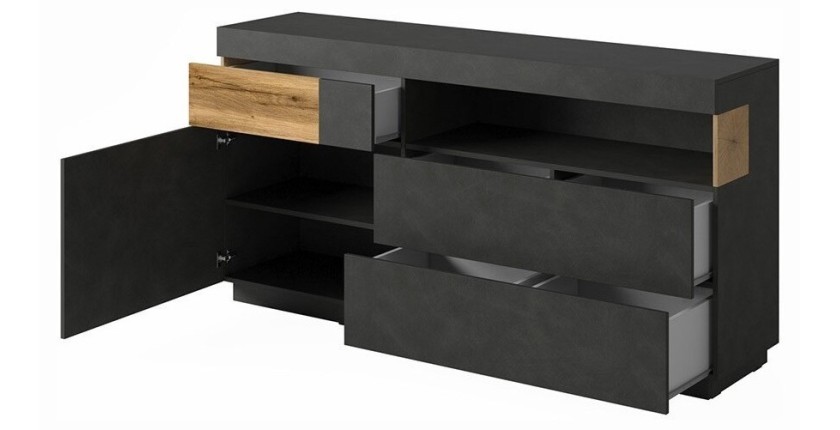 Buffet collection KILES 170cm. Coloris gris anthracite et chêne. Style design