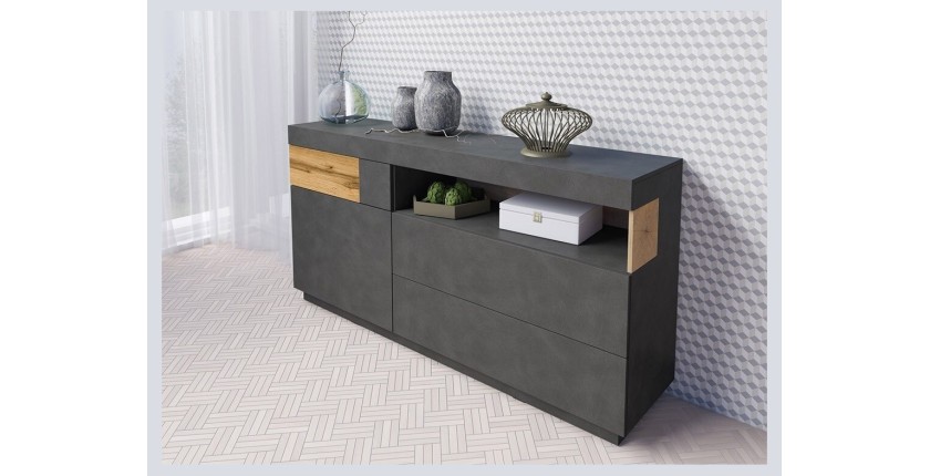 Buffet collection KILES 170cm. Coloris gris anthracite et chêne. Style design