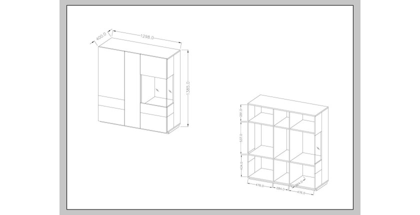 Buffet haut KILES trois portes. Coloris blanc et gris. Style design
