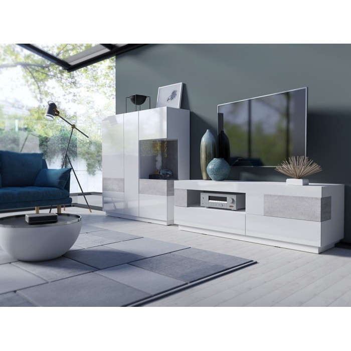 Buffet haut KILES trois portes. Coloris blanc et gris. Style design