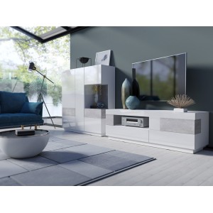 Buffet haut KILES trois portes. Coloris blanc et gris. Style design