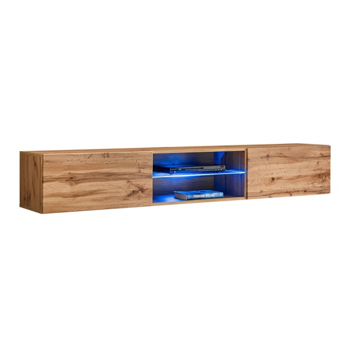 Meuble TV suspendu 180cm avec 2 portes et niches éclairées. Meuble coloris chêne Wotan. Collection SWITCH.