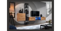 Meuble TV suspendu 180cm avec 2 portes et niches éclairées. Meuble coloris chêne Wotan. Collection SWITCH.